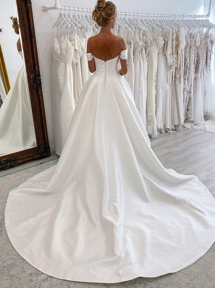 Off-the-shoulder A-line Satin Wedding Dresses Rustic Bridal Gowns CBA029|Selinadress