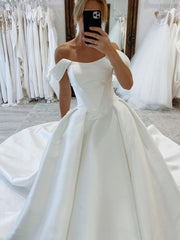 Off-the-shoulder A-line Satin Wedding Dresses Rustic Bridal Gowns CBA029|Selinadress