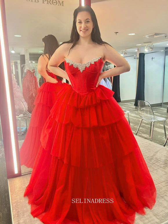 Off-the-shoulder Ball Gown Red Tiered Long Prom Dress Evening Dress sew1058|Selinadress