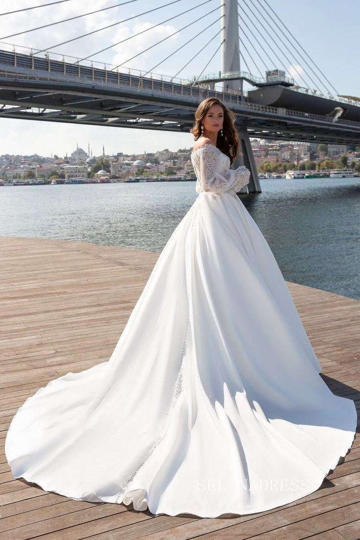 Off-the-shoulder Beaded Long Sleeve White Wedding Dresses Bridal Gowns SELINADRESS Off-the-shoulder Beaded Long Sleeve White Wedding Dresses Bridal Gowns SELINADRESS