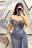 Off-the-Shoulder Blue Ruched Satin Long Prom Dress with Glitter Rhinestones #SEK194|Selinadress