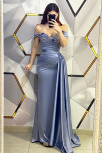 Off-the-Shoulder Blue Ruched Satin Long Prom Dress with Glitter Rhinestones #SEK194|Selinadress
