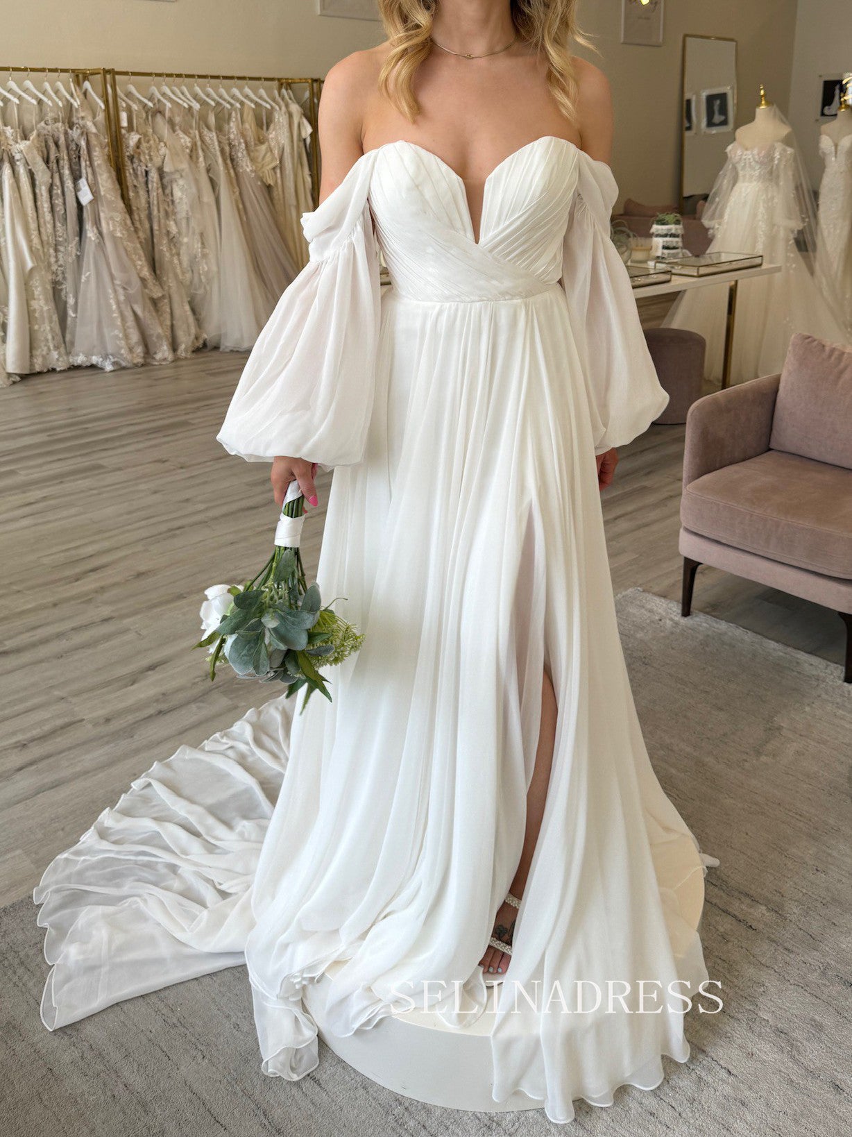 chiffon puff sleeve wedding dress MissJophiel Corset Ivory Chiffon Long Wedding Dress with Removable Puff Sleeves Ivory / Floor Length / US4