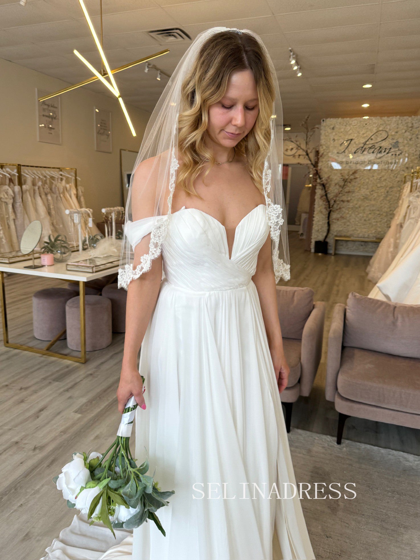 white off shoulder chiffon dress Ombreprom Wedding Dress Off-the-Shoulder Chiffon Sweetheart Floor Length Lace Bridal Gown