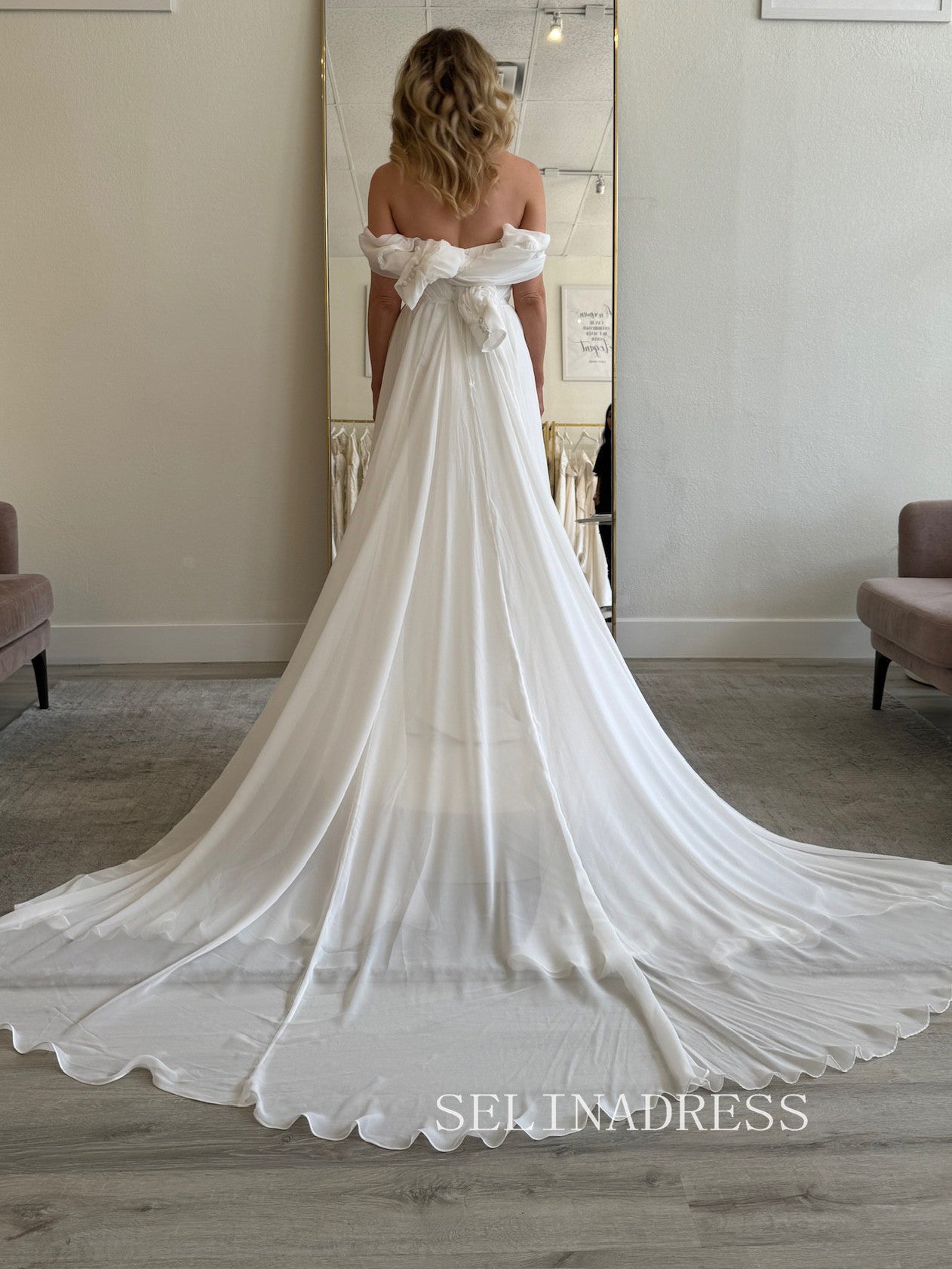 Off the shoulder Chiffon Puff Sleeve White Wedding Dress Light Bridal SELINADRESS Off the shoulder Chiffon Puff Sleeve White Wedding Dress Light Bridal SELINADRESS