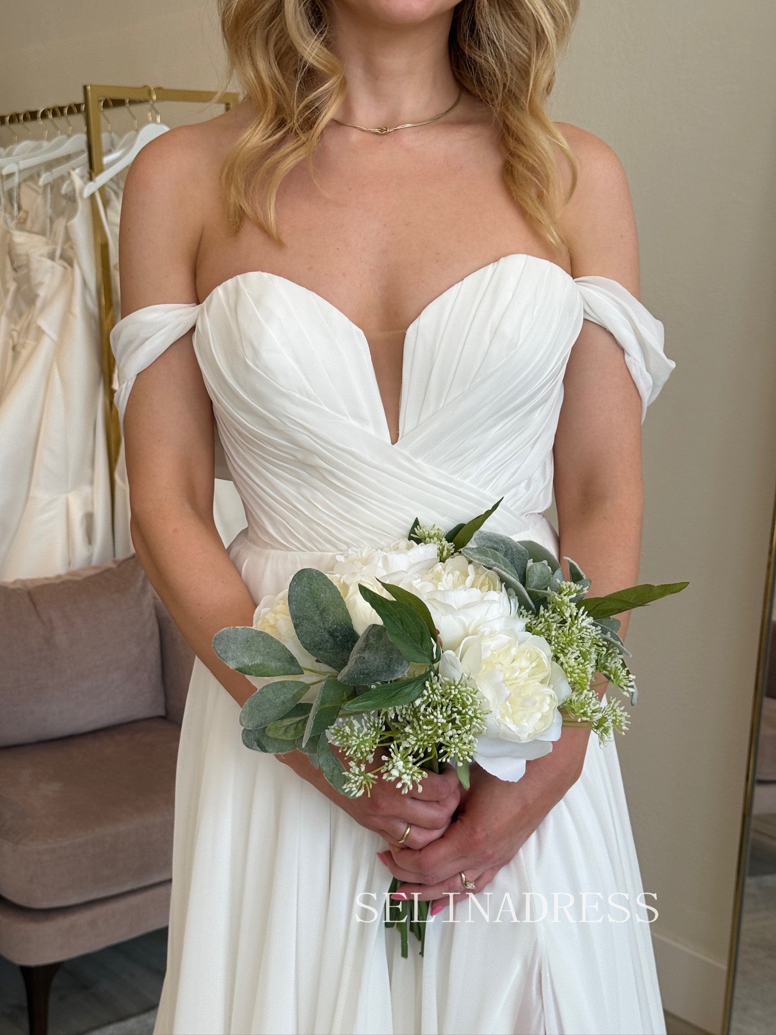 chiffon puff sleeve wedding dress Long Puffy Chiffon sleeves Wedding Dress / Voluminous Skirts Gown / Deep V Neckline Wedding Dress