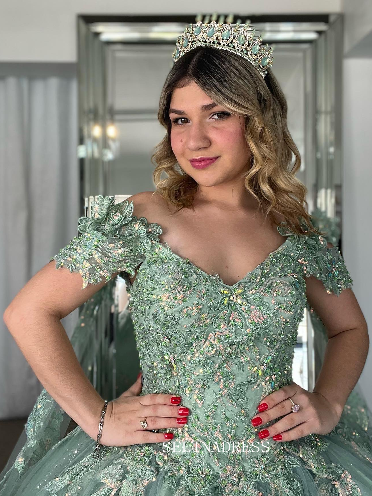 Off-the-shoulder Embroidery Ball Gown Princess Mint Green Formal Gowns SELINADRESS Off-the-shoulder Embroidery Ball Gown Princess Mint Green Formal Gowns SELINADRESS