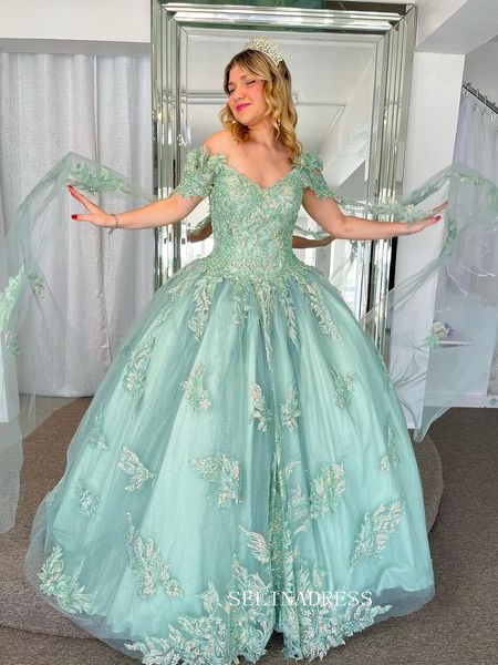 Off-the-shoulder Embroidery Ball Gown Princess Mint Green Formal Gowns SELINADRESS Off-the-shoulder Embroidery Ball Gown Princess Mint Green Formal Gowns SELINADRESS