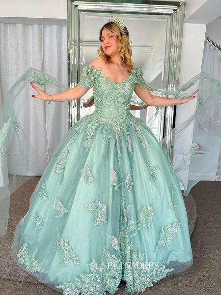 Off-the-shoulder Embroidery Ball Gown Princess  Mint Green Formal Gowns Evening Dress sew1090|Selinadress