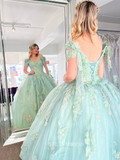 Off-the-shoulder Embroidery Ball Gown Princess Mint Green Formal Gowns Evening Dress sew1090|Selinadress