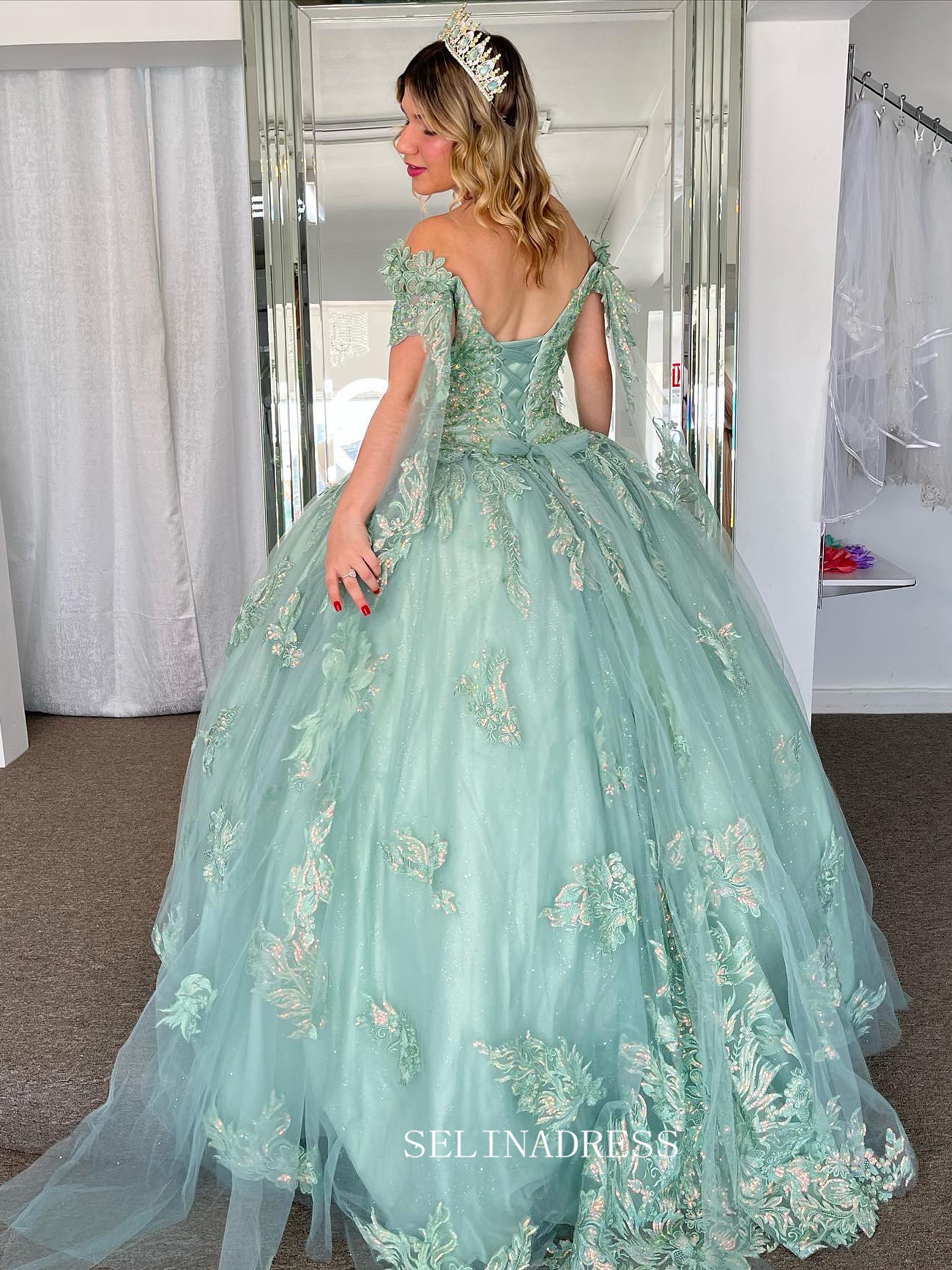Off-the-shoulder Embroidery Ball Gown Princess Mint Green Formal Gowns SELINADRESS Off-the-shoulder Embroidery Ball Gown Princess Mint Green Formal Gowns SELINADRESS