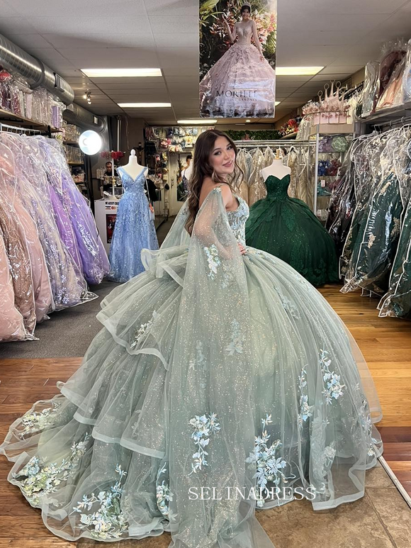 Off-the-shoulder Embroidery Ball Gown Princess  Mint Green Formal Gowns Evening Dress sew1090|Selinadress