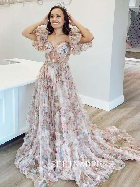 Off-the-shoulder Floral Long Prom Dresses Evening Dresses SEA057|Selinadress