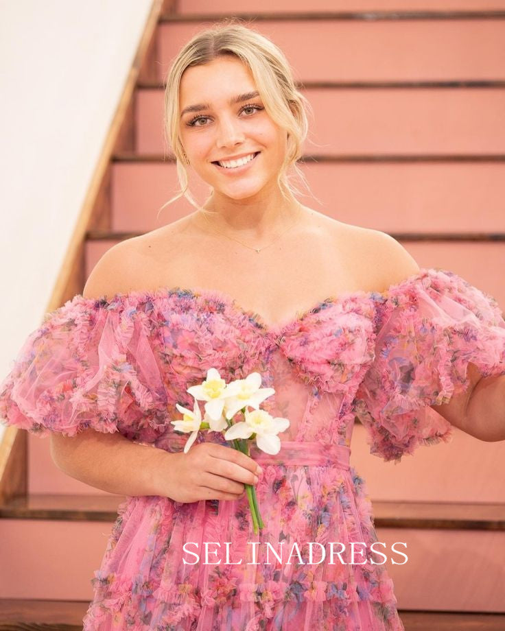 Off-the-shoulder Floral Long Prom Dresses Evening Dresses SEA057|Selinadress