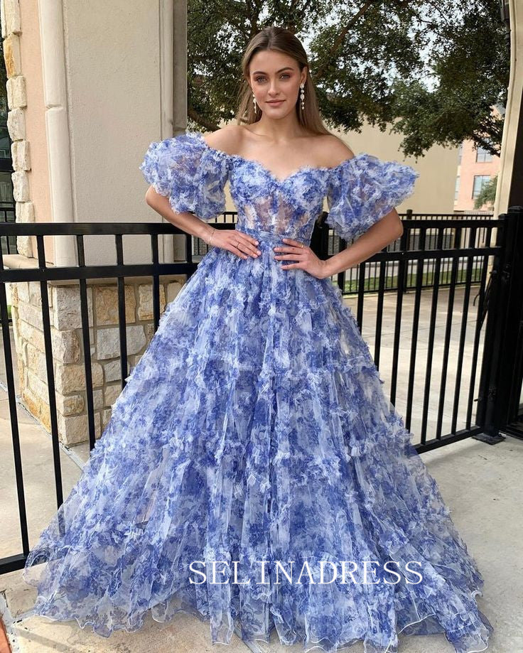 Off-the-shoulder Floral Long Prom Dresses Evening Dresses SEA057|Selinadress
