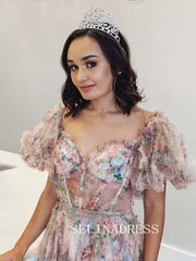 Off-the-shoulder Floral Long Prom Dresses Evening Dresses SEA057|Selinadress