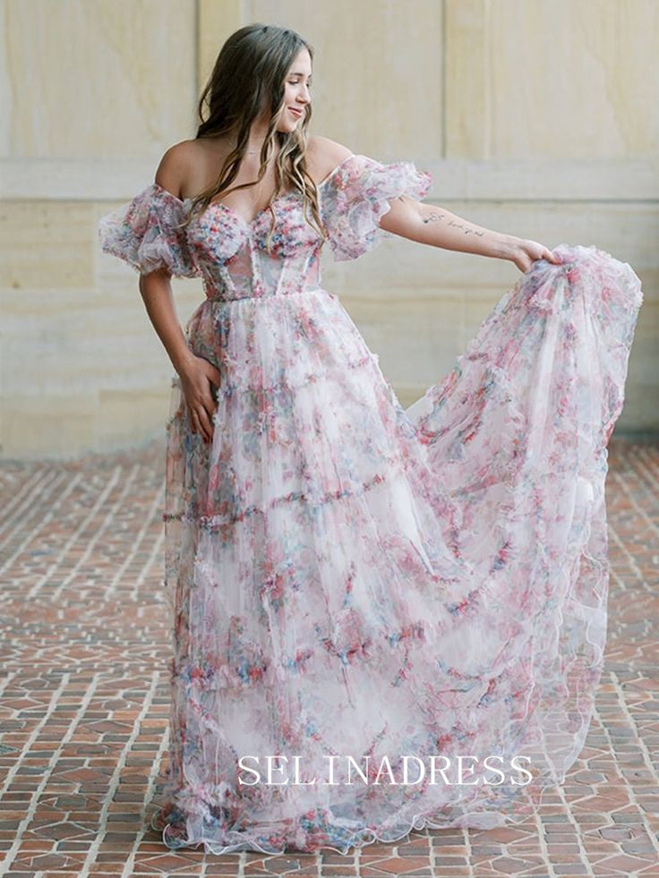Off-the-shoulder Floral Long Prom Dresses Evening Dresses SEA057|Selinadress