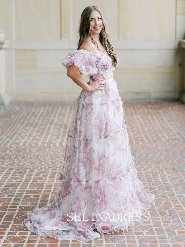 Off-the-shoulder Floral Long Prom Dresses Evening Dresses SEA057|Selinadress