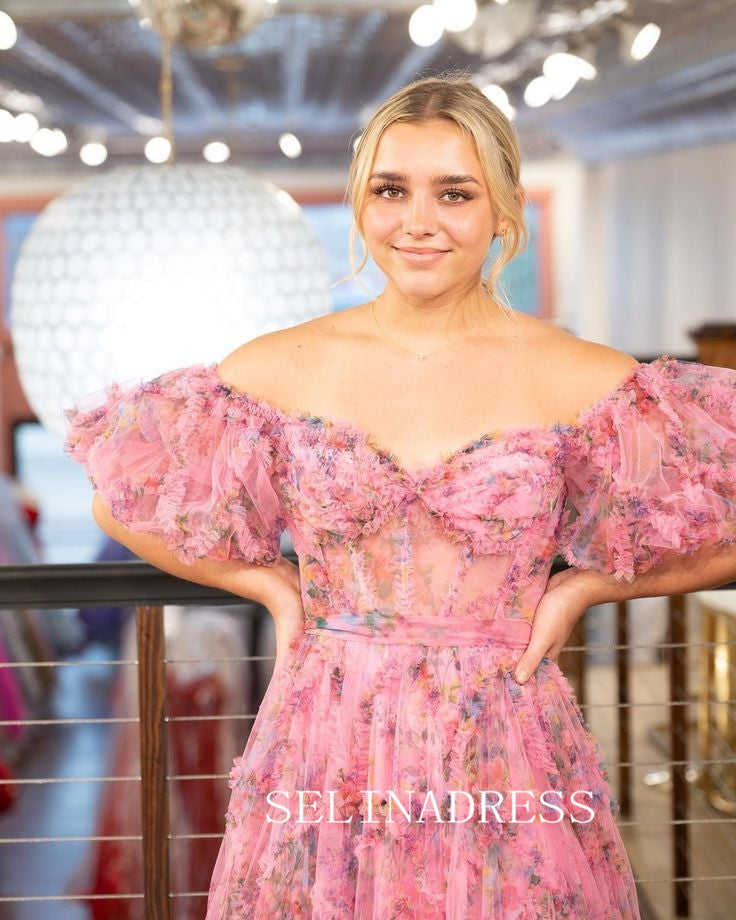 Off-the-shoulder Floral Long Prom Dresses Evening Dresses SEA057|Selinadress