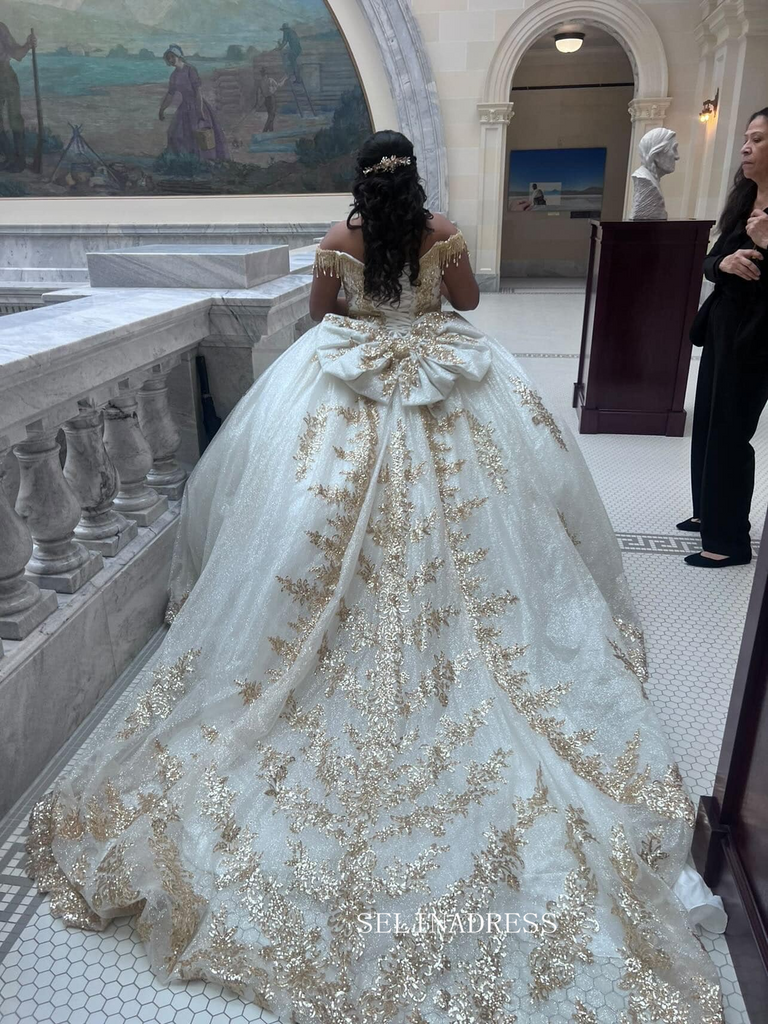 Off-the-shoulder Gold Sparkly Gown Princess Wedding Dress Evening Gown SELINADRESS Off-the-shoulder Gold Sparkly Gown Princess Wedding Dress Evening Gown SELINADRESS