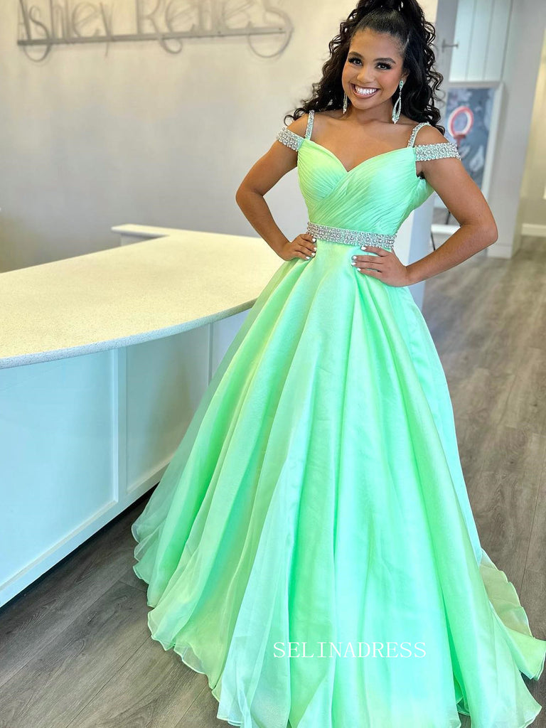 Off-the-shoulder Green Long Prom Dresses Unique Beaded Evening Gowns F – SELINADRESS