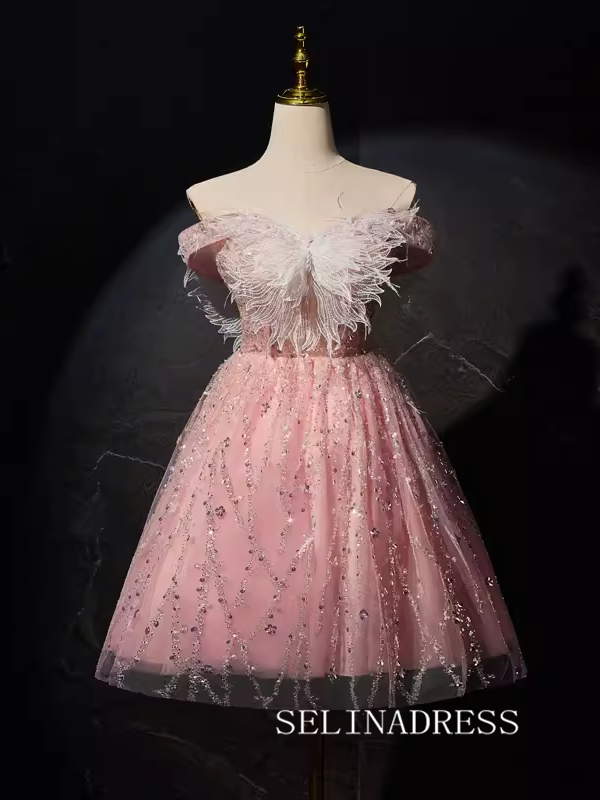Off the Shoulder Homecoming Dresses Pink Beaded Butterfly Graduation D SELINADRESS Off the Shoulder Homecoming Dresses Pink Beaded Butterfly Graduation D SELINADRESS