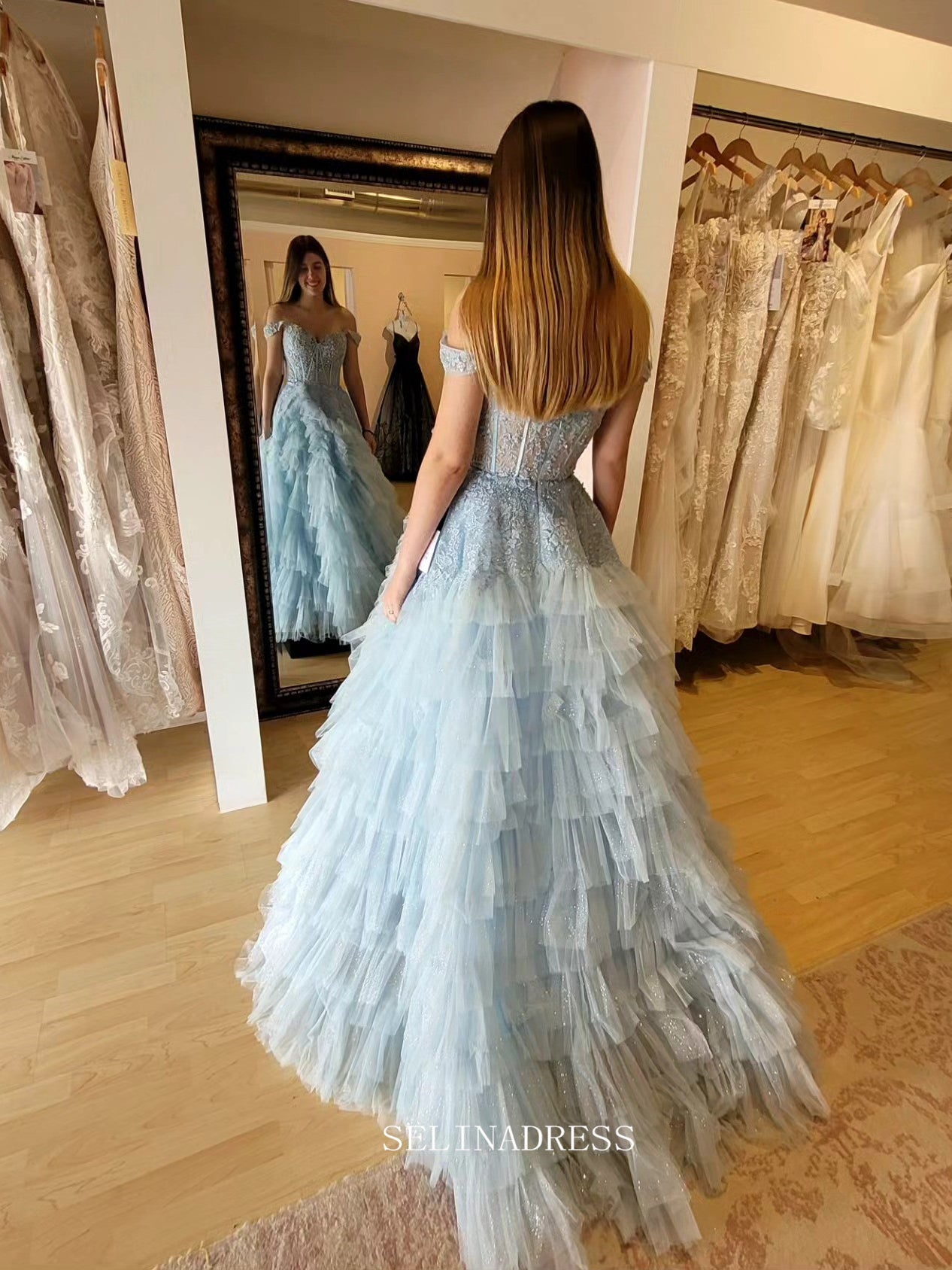 Off-the-shoulder Light Sky Blue Lace Long Prom Dress Tiered Evening Dr SELINADRESS Off-the-shoulder Light Sky Blue Lace Long Prom Dress Tiered Evening Dr SELINADRESS