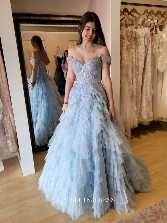 Off-the-shoulder Light Sky Blue Lace Long Prom Dress Tiered Evening Dress sew1043|Selinadress