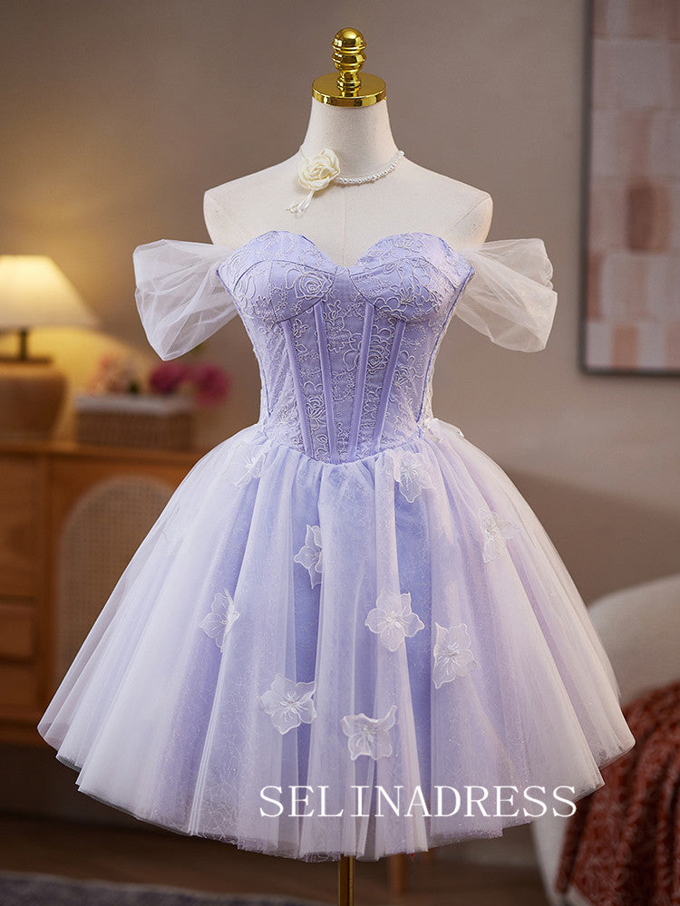 Off-the-shoulder Lilac Tulle Homecoming Dress Cute Cocktail  Dresses #ABC009|Selinadress