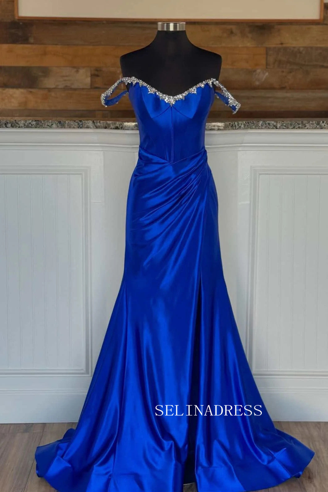 Off-the-shoulder Mermaid Royal Blue Long Prom Dress With Slit sew0620 SELINADRESS Off-the-shoulder Mermaid Royal Blue Long Prom Dress With Slit sew0620 SELINADRESS