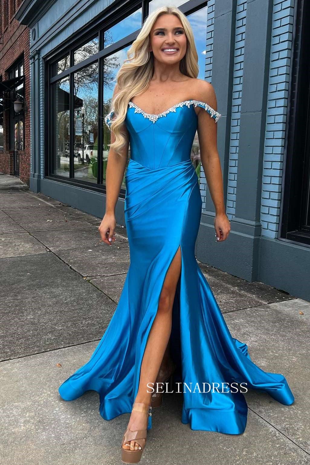 Off-the-shoulder Mermaid Royal Blue Long Prom Dress With Slit sew0620 SELINADRESS Off-the-shoulder Mermaid Royal Blue Long Prom Dress With Slit sew0620 SELINADRESS
