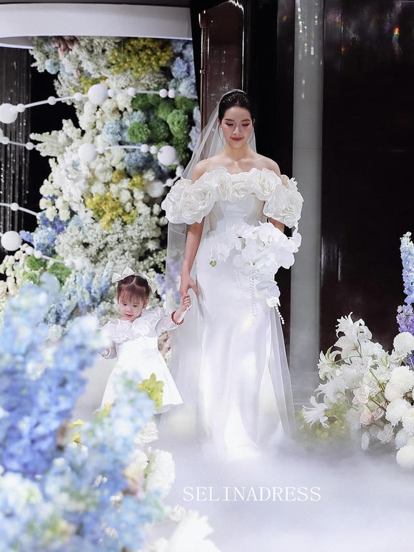 Off-the-shoulder Mermaid White Wedding Dress Hand made flower Satin Wedding Gowns EVW004|Selinadress