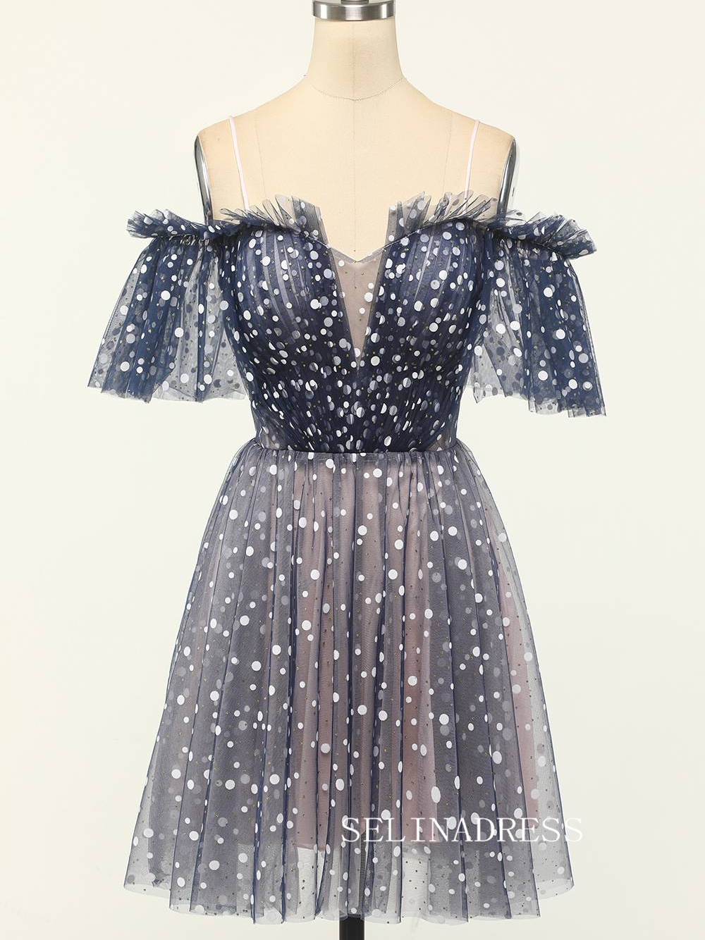 Off the Shoulder Navy Blue Polka Dots Tulle Sparkly Homecoming Dress S SELINADRESS Off the Shoulder Navy Blue Polka Dots Tulle Sparkly Homecoming Dress S SELINADRESS