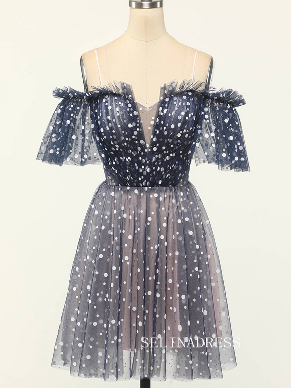 Off the Shoulder Navy Blue Polka Dots Tulle Sparkly Homecoming Dress SEA010|Selinadress