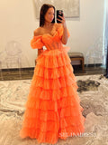 Off-the-shoulder Orange Ruffles Tulle Long Prom Dress With Slit lpk923|Selinadress