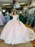 Off The Shoulder Pink Lace Beaded Wedding Dress Princess Evening Gowns sew1097|Selinadress