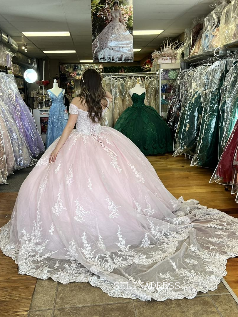 Off The Shoulder Pink Lace Beaded Wedding Dress Princess Evening