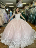 Off The Shoulder Pink Lace Beaded Wedding Dress Princess Evening Gowns sew1097|Selinadress