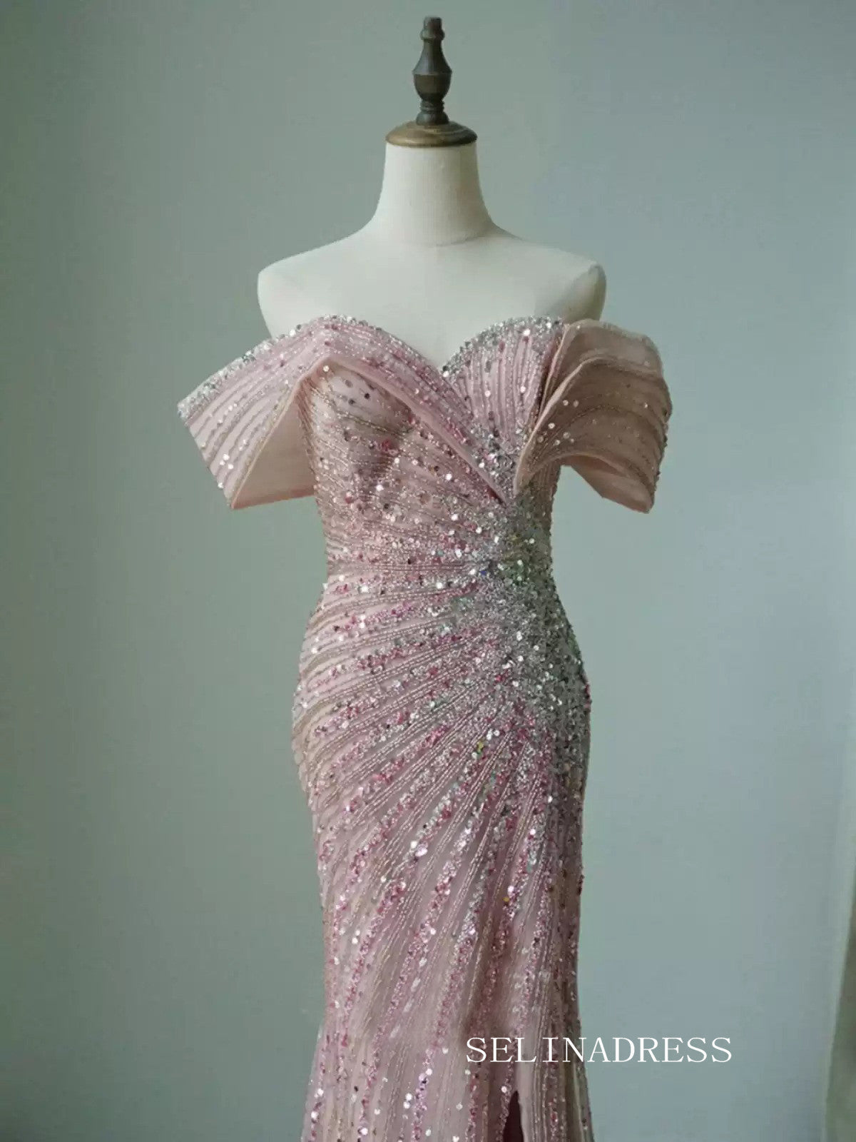 Off-the-shoulder Pink Prom Dress Mermaid Evening Gowns CN003 – SELINADRESS