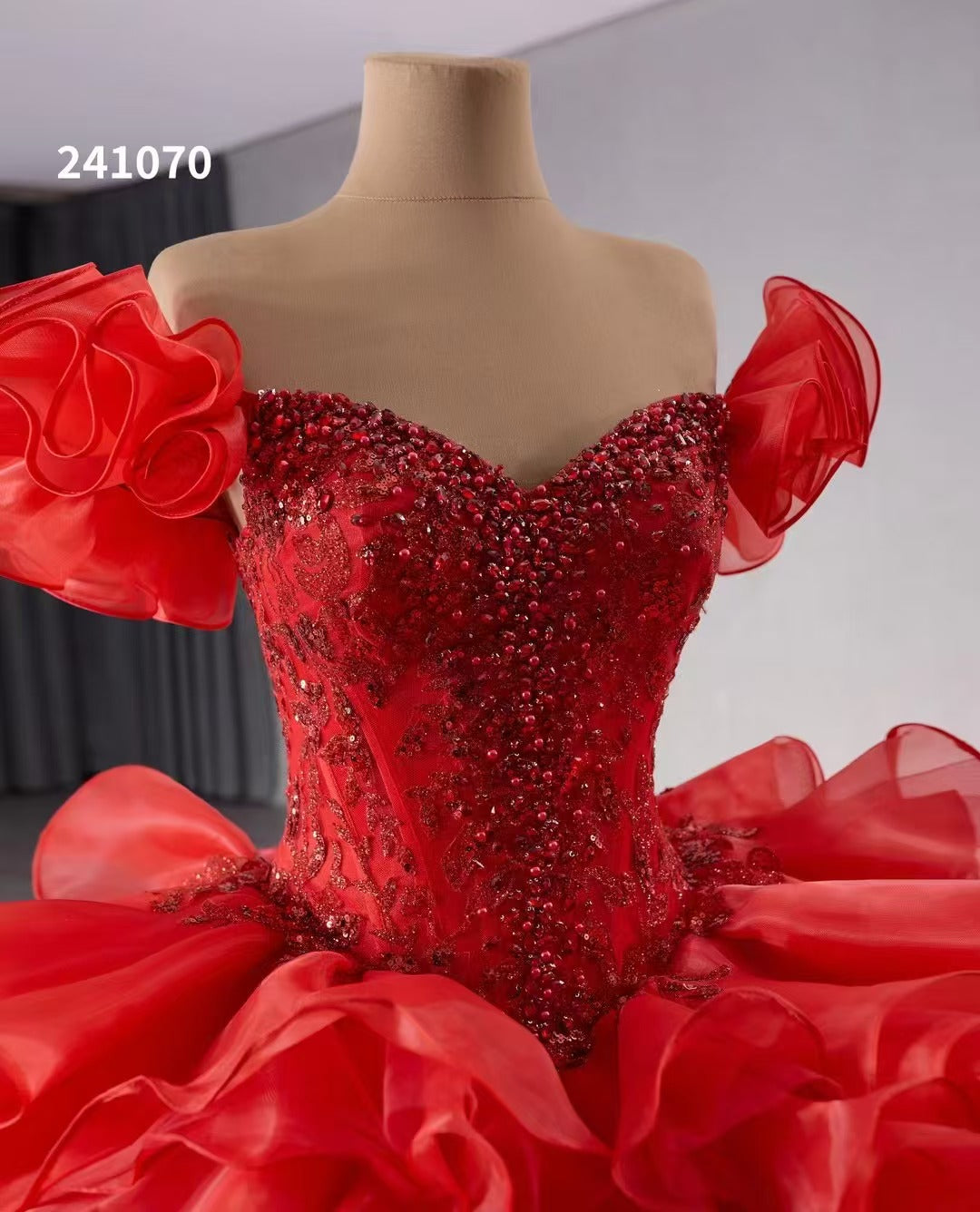 15 red dresses Off-the-shoulder Red Beaded Ball Gown Evening Dress Ruffles Wedding Go – SELINADRESS