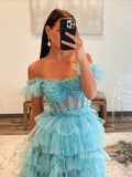 Off-the-shoulder Ruffles Blue Layered Tulle Long Prom Dress Cheap Evening Gown SEW1261|Selinadress