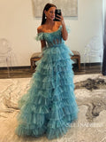 Off-the-shoulder Ruffles Blue Layered Tulle Long Prom Dress Cheap Evening Gown SEW1261|Selinadress