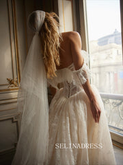 Off-the-shoulder Rustic Lace Wedding Dresses White Bridal Gowns SEA135