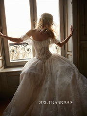 Off-the-shoulder Rustic Lace Wedding Dresses White Bridal Gowns SEA135