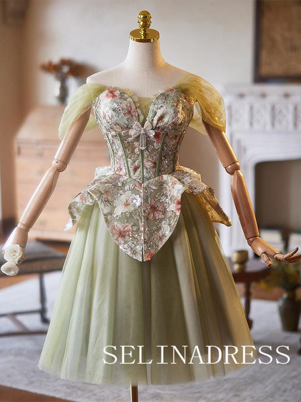 Off-the-shoulder Sage Floral Cocktail Dress Cute Homecoming Dresses #ABC003|Selinadress