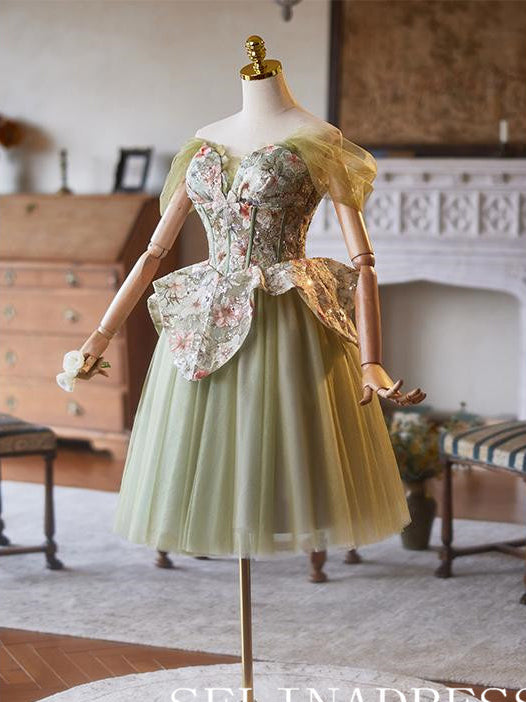 Off-the-shoulder Sage Floral Cocktail Dress Cute Homecoming Dresses #ABC003|Selinadress