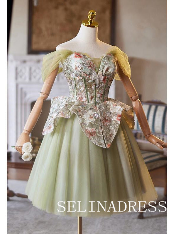 Off-the-shoulder Sage Floral Cocktail Dress Cute Homecoming Dresses #ABC003|Selinadress