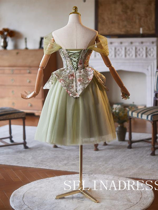 Off-the-shoulder Sage Floral Cocktail Dress Cute Homecoming Dresses #ABC003|Selinadress