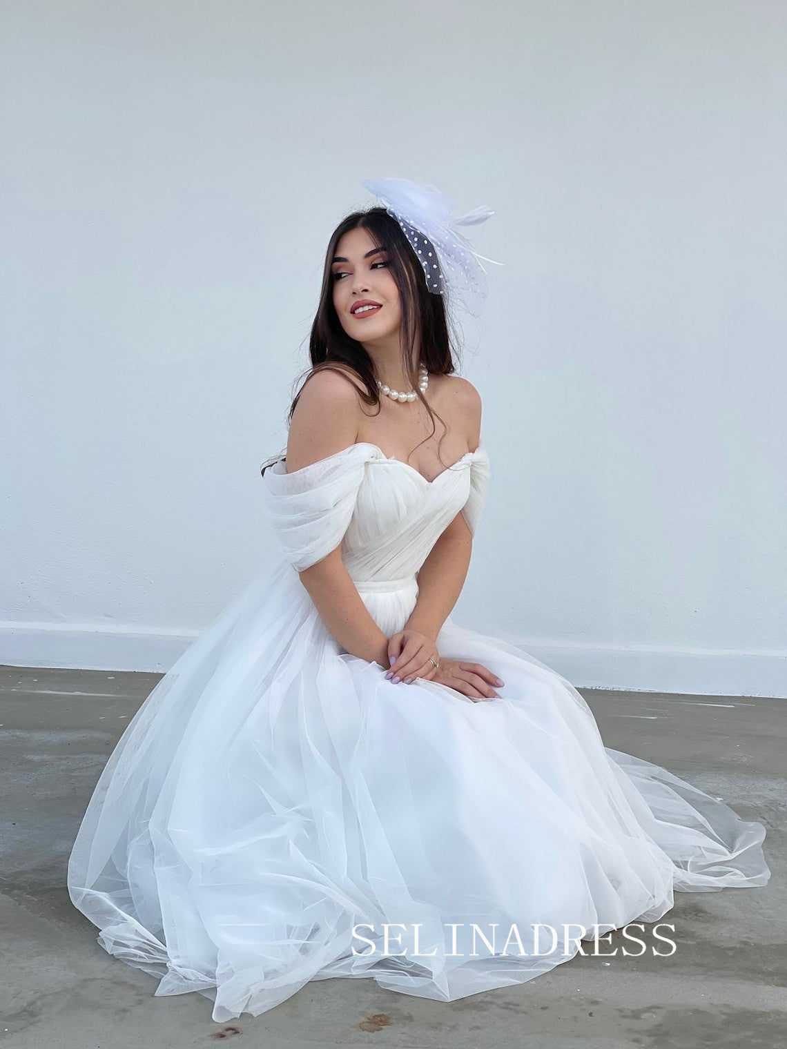 Off-the-shoulder White Prom Dresses Cheap Ankle-length Tulle Formal Dr SELINADRESS Off-the-shoulder White Prom Dresses Cheap Ankle-length Tulle Formal Dr SELINADRESS