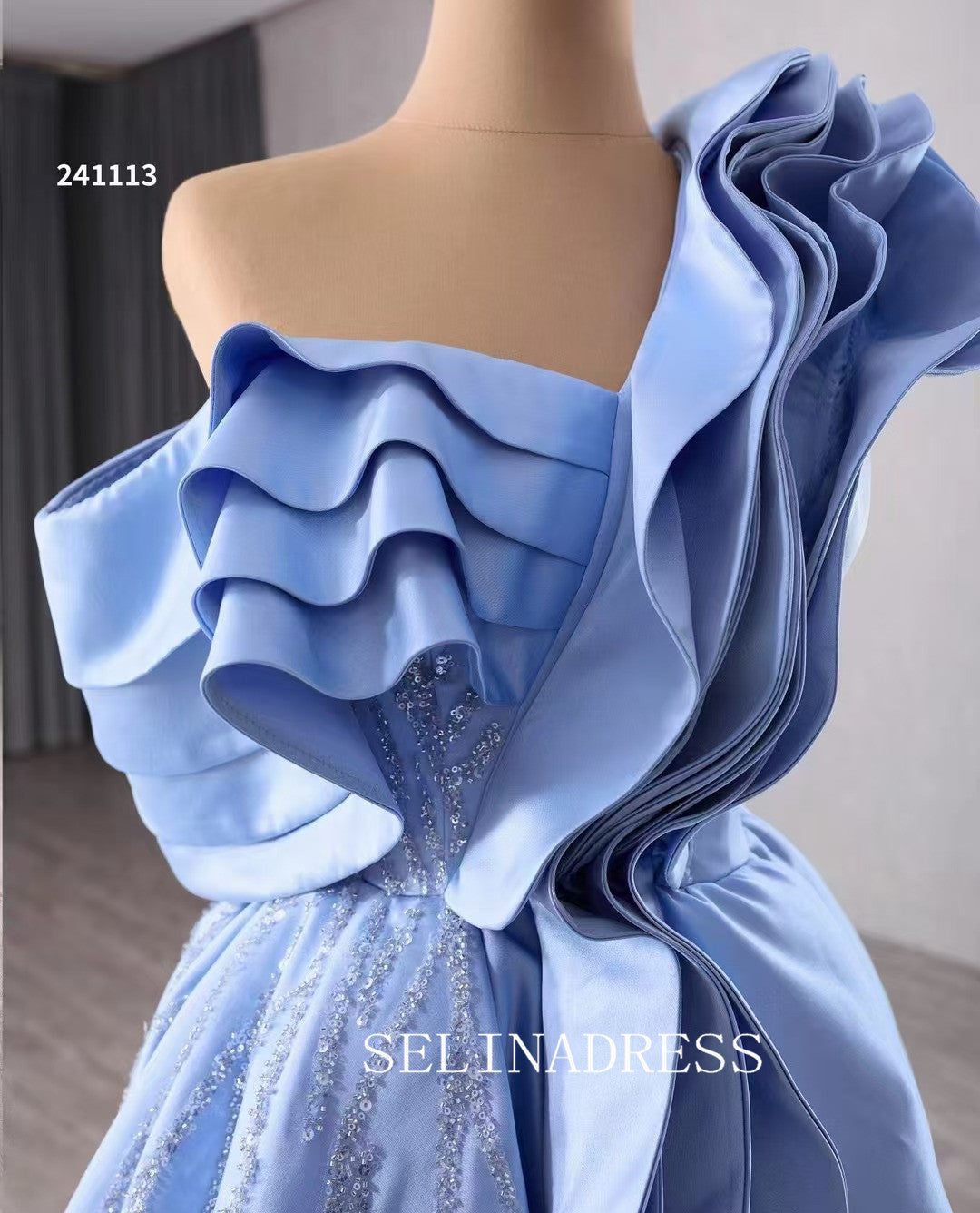 One Shoulder Blue Beaded Wedding Dresses Elegant Satin Prom Dress with